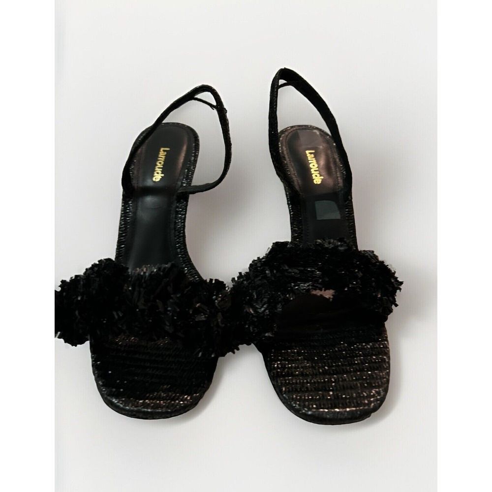 LARROUDE Marilyn Strappy Sandals Size 9.5 Black Raffia Leather $330 Pom Poms